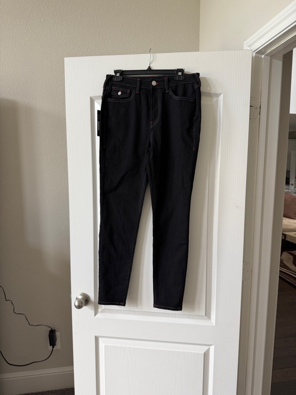 True Religion Black Skinny Jeans with Red Stitching Accents